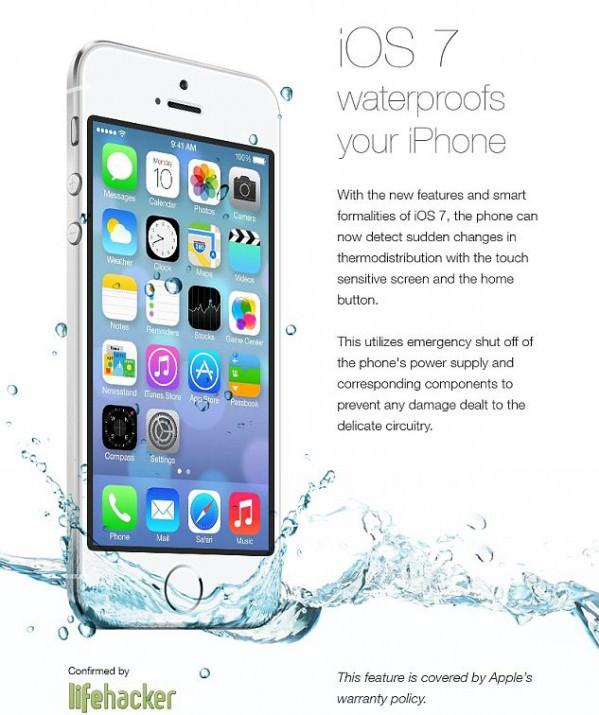 Reklamda, parmak izi ve hareket sensörü bulunan iPhone 5S'in, bu özelliğiyle ısı değişimi anladığı ve suya düştüğünde, su geçirmez hale geldiği, sistemlerini kapadığı iddia edildi.
