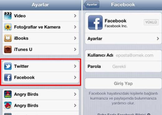 Facebook Apple'ın bir diğer yeniliği ise IOS6'ya entegre bir Facebook uygulaması getiriyor. IOS5 ile Twitter'ı entegre eden Apple, Facebook ile arkadaşlarımızın fotoğrafları, telefon ve email bilgilerini doğrudan Rehber'e senkronize ediyor. Öte yandan, Facebook ile fotoğrafları paylaşabilmek artık daha kolay olacak.
