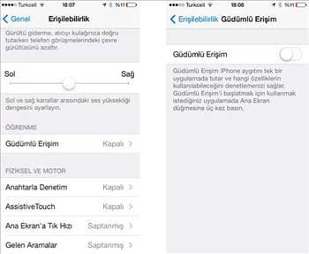 <p>4. Çocuklar cihazınızla oynarken Genel Ayarlar'daki Erişilebilirlik menusunden Güdümlü Erişim'i aktifleştirin Çocuklar iPad ya da iPhone ile oynarken yanlışlıkla başka uygulamaları açmasın, yanlış şeyleri silmesin diye sadece tek bir uygulamayı aktifleştirip o uygulamanın içinde de hangi tuşlara basabileceğini seçmenizi sağlayan bu özellik çocuk sahipleri için vazgeçilmez.</p>