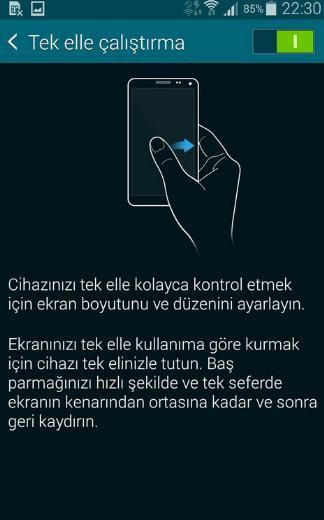 <p><strong>Tek elle çalıştırma: Ekranı küçültün</strong><br />Galaxy S5'i sadece tek elinizle kullanmak istiyorsanız, ancak ekran elinize büyük geliyorsa, Ayarlar > Ses ve ekran > Tek elle çalıştırma altındaki ayara göz atmalısınız.</p>