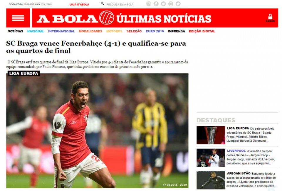 <p>"Braga kazandı ve çeyrek finalde" (Abola)</p>
<p> </p>