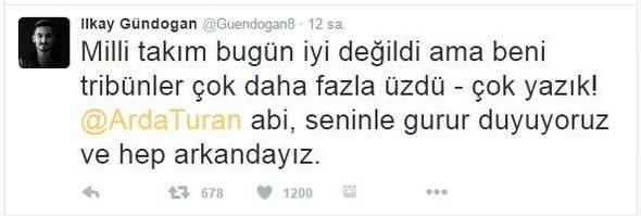 <div>İLKAY GÜNDOĞAN - MANCHESTER CITY</div>
<div> </div>
<div>Milli takım bugün iyi değildi ama beni tribünler daha fazla üzdü. Çok yazık! Arda Turan abi, seninle gurur duyuyoruz ve hep arkandayız.</div>