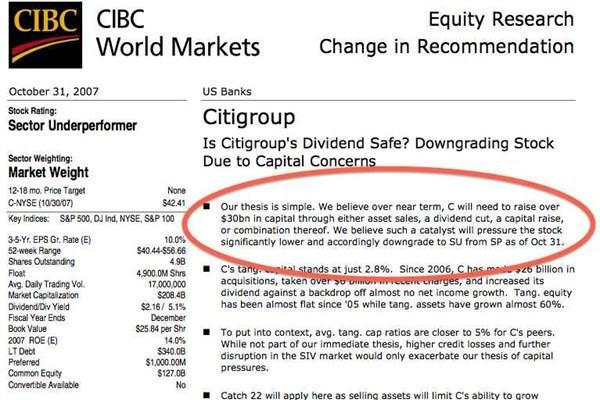 <p><strong>31 Ekim 2007</strong><br />Tatlı cadı olarak gösterilen ekonomistlerden Meredith Whitney, Citigroup'un temettülerini keseceğini tahmin etti. Banka sonrasında hissedarlarına dağıttığı temettüleri kestiğini açıkladı.</p>