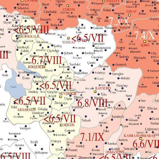 Tırnak içindeki (1, 2) gibi sayılar o ilçenin hangi deprem çekince bölgesi ( vuruş ivmesi-a) içine girdiğini.