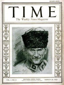 1923 – Mustafa Kemal Ataturk..........  Dünyanın en saygın dergilerinden Time, 90. yılını kutladığı son sayısı için seçtiği 90 dergi kapağı arasında ilk sıraya Atatürk'ü koydu. Dergi, ‘Time 90. Yaşında: 90 Kapak Hikayesiyle Modern Tarih Hakkında Bilmeniz Gereken Her şey başlığı' ile hazırladığı sayfada, ilk sırayı Mustafa Kemal Atatürk'ü yayınladığı baskısına ayırdı.  Dergi, 24 Mart 1923 tarihli baskıda yer alan Atatürk için ‘ Osmanlı İmparatorluğu'nun küllerinden daha sonra Atatürk olarak tanınan asker Mustafa Kemal Atatürk, modern Türkiye Cumhuriyeti'nin kurucu babası olarak çıktı. Atatürk'ün laik reformları ve otoriter çizgisi on yıllar boyunca Ortadoğu'da yankı uyandıracak bir efsane bıraktı' ifadesini kullandı.  Time, o yıldaki baskısından da şu paragrafı aktardı: ‘O, bugün Türkiye'yi özgürlüğüne kavuşturan biri. O, halkını, yabancı güçlerin boyunduruğundaki bu bataktan kurtardı. Onların özündeki niteliklerini fark etmelerini sağladı ve onlara bağımsızlık düşüncesi ve hareketini getirdi.  Dergi geçmiş 90 yıldaki kapaklarının arasında Charli Chaplin, Benito Mussolini, Mahatma Ghandi, Joseph Stalin, Adolf Hitler, Kraliçe 2. Elizabeth, Fidel Castro,John F. Kennedy ve Papa 2. John Paul sayılarını da yer verdi.