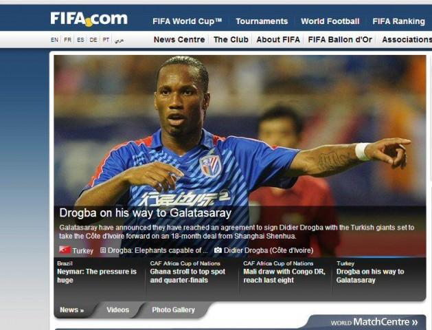 FIFA Galatasaray, Didier Drogba ile anlaşma sağladığını açıkladı. Chelsea'nin eski oyuncusu Türk devi ile 18 aylık sözleşme imzaladı. Drogba'nın menajerleri oyuncunun Afrika Uluslar Kupası'ndan sonra Galatasaray'a katılacağını açıkladılar.