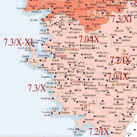İlçe yanlarındaki ondalık sayılar (4,3 gibi) o ilçenin geçmişte gördüğü Richter büyüklüğünü