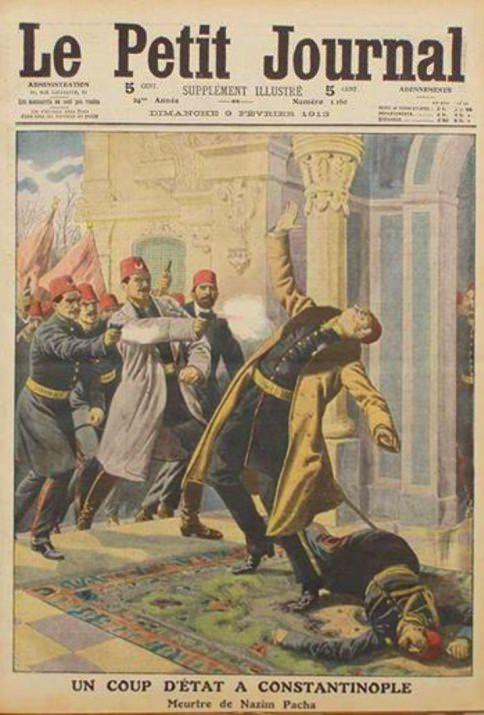 <p>Harbiye Nazırı Nazım Paşa'nın Yakup Cemil Tarafından Bab-ı Âli baskınında vurulması, (Le Petit Journal, 9 Şubat 1913)</p>