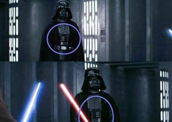 <p>Star Wars - Darth Vader’ın göğüsündeki plakanın dönmesi: Darth Vader ile Ben’in savaştıkları sahnede Darth Vader’ın göğüsündeki metal plaka üzerindeki tuşlardan anladığımız üzere tam tersine dönmüş durumda.</p>