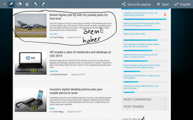 <p>Temassız Konut menüsü beş içeriğe erişim sağlıyor:</p>
<p>İş Notu: Çalıştığınız pencere üzerinde küçük bir not kağıdı açıyor ve telefon numarası gibi hemen not almanız gereken bilgileri yazmanıza imkan veriyor.</p>
<p>Karalama Defteri: Hangi uygulamada, pencerede olursanız olun, karalama defteriyle istediğiniz kısmı çembere alarak seçiyor ve bu kısım üzerinde istediğiniz notu düşebiliyor, etiket koyabiliyorsunuz.<br />Ekran yazısı: Bulunduğunuz ekranın ekran görüntüsünü alıyor ve Paint programında olduğu gibi istediğiniz işlemi yapmanızı sağlıyor.</p>
<p>S Finder: 10.1 2014, artan dahili belleği ve ek bellek özelliğiyle içine birçok veri tıkılabilecek bir cihaz. Hal böyle olunca, yığınla bilgi arasında bulmak istediğiniz veriye S Finder ile arama yaparak kolayca erişebilirsiniz.</p>
<p>Kalem Penceresi: Bulunduğunuz sayfada bir dikdörtgen çizmenizi ve içine aldığınız alanı çeşitli uygulamalarda kullanmanızı sağlıyor.</p>
<p> </p>