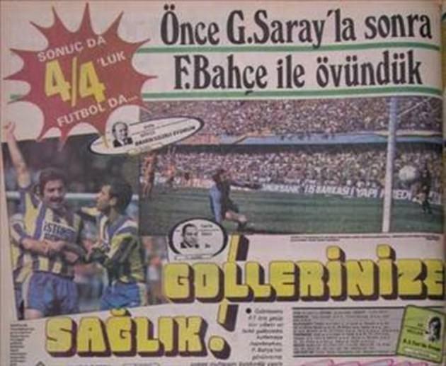 Galatasaray-Fenerbahçe: 4-4 İki ezeli rakip arasında oynan tarihi maçlardan biri de 5 Haziran 1983’de Ali Sami Yen’de oynandı. Galatasaray maça fırtına gibi başlayıp Mirza Sejdic, Bülent Alkılıç, Sinan Turhan ve Tarık Hociç'in golleriyle 4-1'i yakaladı. Fenerbahçe maçın son bölümünde Onur Kayador, Özcan Kızıltan (2) ve Mehmet Hacıoğlu'nun golleriyle skoru 4-4'e getirdi. 