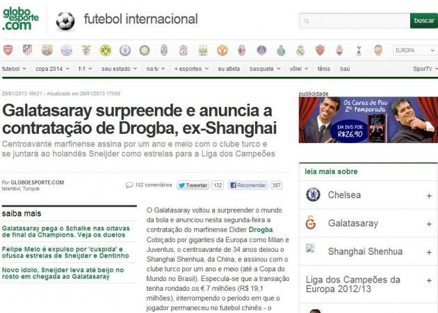 GloboEsporte Galatasaray yine bir sürprize imza attı ve herkesin Juventus veya Juventus'a gideceğini beklediği Didier D:rogba'yı Galatasaray transfer etti. 201 Dünya Kupası başlayana kadar Drogba Galatasaray'da.