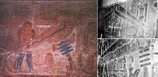 Mısır , Dendera 'daki Hathor tapınağında göze çarpan ampuller. Bu ampuller kıvrımlı kablolar ile bir jeneratöre veya açma kapama düğmesine bağlıdırlar. Ampul şeklindeki cismin içine bir yılan tasviri konulmuş. Bu da ampulün içindeki ince teli gösteriyor olabilir.