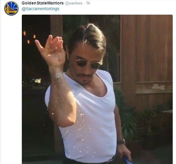 <p>Golden State Warriors resmi Twitter hesabı, galibiyet sonrası Sacramento Kings'e Nusret fotoğrafıyla sataştı. </p>