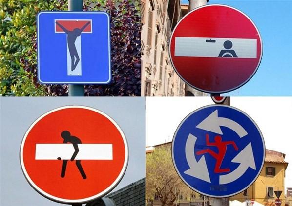 <p>Fransız sokak sanatçısı Clet Abraham, geceleri gizlice sokaklara çıkarak trafik tabelalarını eğlenceli çalışmalarla süslüyor ve deyim yerindeyse onları 'konuşturuyor'.</p>