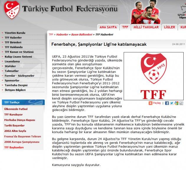 24 AĞUSTOS: FENERBAHÇE MEN EDİLDİ: 3 Temmuz’dan bu yana tarihinin en çalkantılı dönemini yaşayan Fenerbahçe’ye bir büyük şok daha yaşatıldı. UEFA’nın TFF’ye gönderdiği “Fenerbahçe, Şampiyonlar Ligi’nden çekilsin. Çekilmezse siz men edin. Aksi takdirde biz soruşturma başlatırız” uyarısının ardından sarı lacivertliler “Çekilmiyoruz” yanıtı verdi. Ancak TFF, Fenerbahçe’yi Şampiyonlar Ligi’nden men etti. UEFA ise Fenerbahçe’nin yerine Trabzonspor’u Devler Ligi’ne aldı.