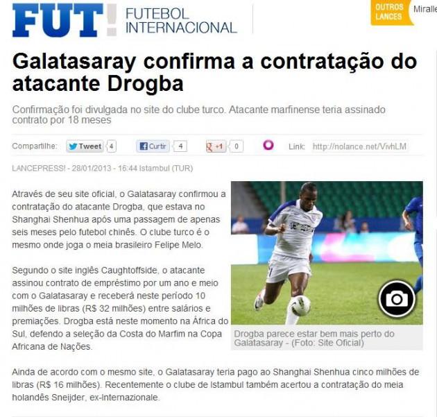 Lancanet Galatasaray açıkladı. Didier Drogba, Shanghai Shenhua'dan transfer edildi 1,5 yıllık sözleşme imzaladı. Drogba, Felipe Melo'yla takım arkadaşı oldu.