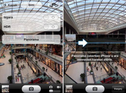 Panaroma  180 veya 360 derecelik geniş açılı fotoğraf çekebilme özelliği sağlayan Panorama özelliği iPhone 5 ve iOS 6 yüklenmiş iPhone 4S cihazlarda kullanılabilecek. Bu yenilik ise iPad'ler için geçerli değil.