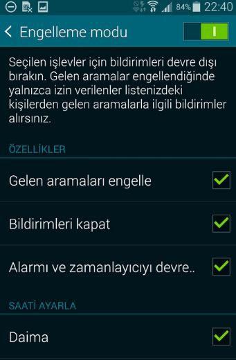 <p><strong>Engelleme modu: Uyarıları otomatik olarak kapatın</strong><br />Telefonunuzun siz uyurken çalmasını istemiyorsanız, Ayarlar > Kişiselleştirme > Engelleme modu altındaki seçenekleri gözden geçirin. Buradan belirli saatlerde gelen aramaları engelleyebilir, bildirimleri kapatabilir, alarmı ve zamanlayıcıyı devre dışı bırakabilirsiniz.</p>