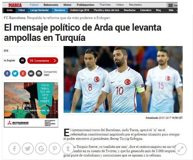 <p><strong>MARCA</strong></p>

<p>Arda Turan Erdoğan'ın anayasal reformuna destek veriyor. Arda'nın politik mesajı Türkiye'yi köpürttü.</p>
