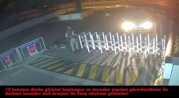 <div>15 Temmuz darbe girişimi başlangıcında önceden görevlendirme yapılan darbeci kanadın sivil araçları ile Hava Harp Okulu'na gelişleri kameralara yansıyor. Öte yandan, darbe girişimi anları, darbeci askerlerin mevzilenmeleri ve darbeci askerlerin dışarıdaki polisler ve vatandaşlara ateş açma anları da görülüyor. </div>
<div> </div>