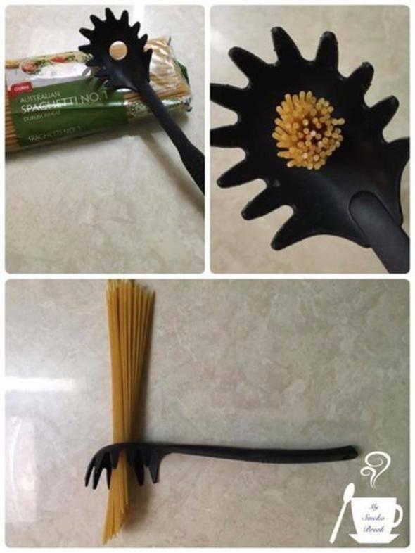 <p>Makarna kaşığındaki delik <br />
<br />
Bu delik makarnanızı iyi karıştırmanızı sağlıyor evet, ama esas işlevi bu değil. Esas amaç, 1 kişilik spagetti porsiyonunu ayarlamak.</p>