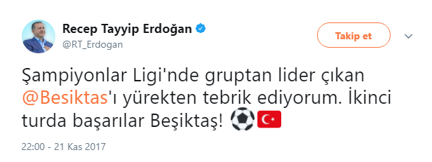 <p>Cumhurbaşkanı Erdoğan, 1-1 biten maç sonrası gruptan çıkmayı garantileyen Beşiktaş'ı Twitter'dan kutladı.</p>
