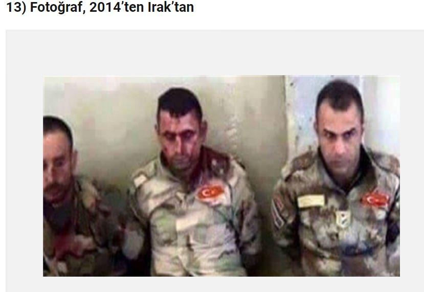<p>Sosyal medyada paylaşılan fotoğrafın Afrin Harekatı sonrasında terör örgütü YPG tarafından rehin alınan Türk askerlerini gösterdiği iddia edildi.</p>

<p> </p>

<p>Ancak fotoğraf 2014 yılında Irak’ta çekilmiş, Anadolu Ajansı tarafından Getty Images’e IŞİD’in Felluce’de ele geçirdiği Irak Ordusu’na mensup 20 askeri öldürdüğü iddiasıyla yüklenmişti.</p>
