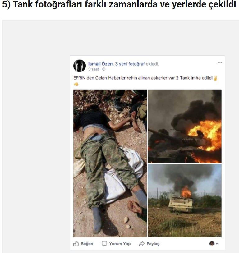 <p>TSK’ya ait olduğu iddiasıyla paylaşılan infilak etmiş iki tank fotoğrafı farklı zamanlarda ve yerde çekilmiş. Sağ üstte yer alan T72 model tankın fotoğrafı 2003 yılında fotoğrafçı Andy Cross tarafından Irak’ta çekilmişti. İkinci tank fotoğrafı ise Ekim 2015’te Yemen’de yakılan Suudi Arabistan’a ait bir tankı gösteriyor.</p>
<p> </p>