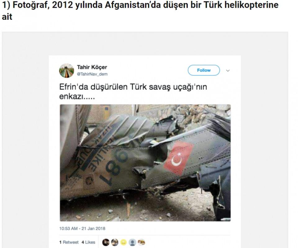 <p>TSK’ya ait bir uçağın enkazına ait olduğu iddiasıyla paylaşılan görüntüler Afganistan’da NATO bünyesinde görev yapan ve 2012’de düşen bir Türk helikopterinin enkazını gösteriyor. 12 askerin şehit olmasına neden olan kazanın sebebinin düşman faaliyeti olmadığı açıklanmıştı</p>

<p> </p>

<p> </p>
