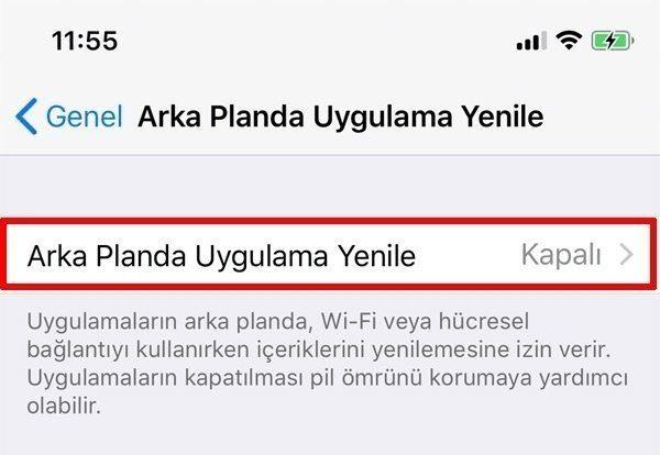 <div><strong>ARKA PLANDA UYGULAMA YENİLEYİ KAPATIN</strong></div>

<div> </div>

<div>Arka planda uygulama yenile özelliğini kapatın. Aksi takdirde uygulama içeriğinin yeniler durur. Mesela Facebook veya Twitter'a girdiğinizde, haber kaynağı ve diğer güncellemeler siz istemeden otomatik olarak karşınıza gelecektir. Bir yandan faydalı, ama diğer yandan pil ömrünü biraz yiyen ve işlemci döngüsünde yer kaplayan bir işlem. Bu seçeneğe Ayarlar>Genel>Arka Planda Uygulama Yenile'den ulaşabilirsiniz. İsterseniz tüm uygulamaları kapatabilir veya listeden tek tek istediğinizi seçebilirsiniz.</div>
