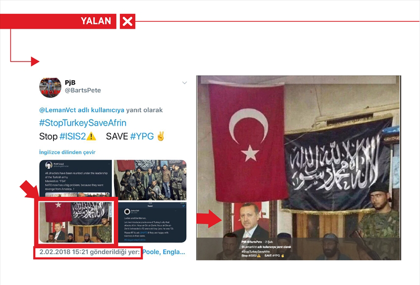 <p>Terör örgütü PYD/PKK destekçisi sosyal medya hesapları, Türk Silahlı Kuvvetlerinin (TSK) Afrin'de yürüttüğü Zeytin Dalı Harekatı'nı karalamak için bu kez Cumhurbaşkanı Recep Tayyip Erdoğan'ın fotoğrafını montajlayarak kullandı.</p>
