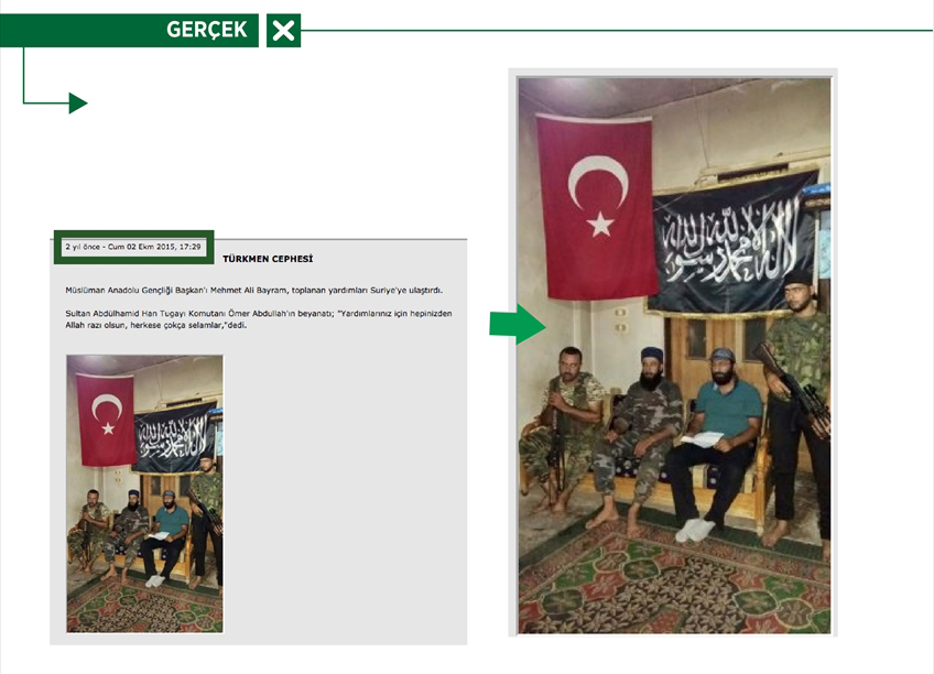 <p>Terör örgütü yandaşları, kendi sosyal medya hesaplarından, "Türkiye DEAŞ'e destek veriyor" yalanıyla bir fotoğraf paylaştı. Türkmen muhalif bir grubun DEAŞ militanı gibi gösterilmeye çalışıldığı fotoğrafta, Türk bayrağının altına da Cumhurbaşkanı Erdoğan'ın görseli montajlandı.</p>

<p> </p>

<p> </p>
