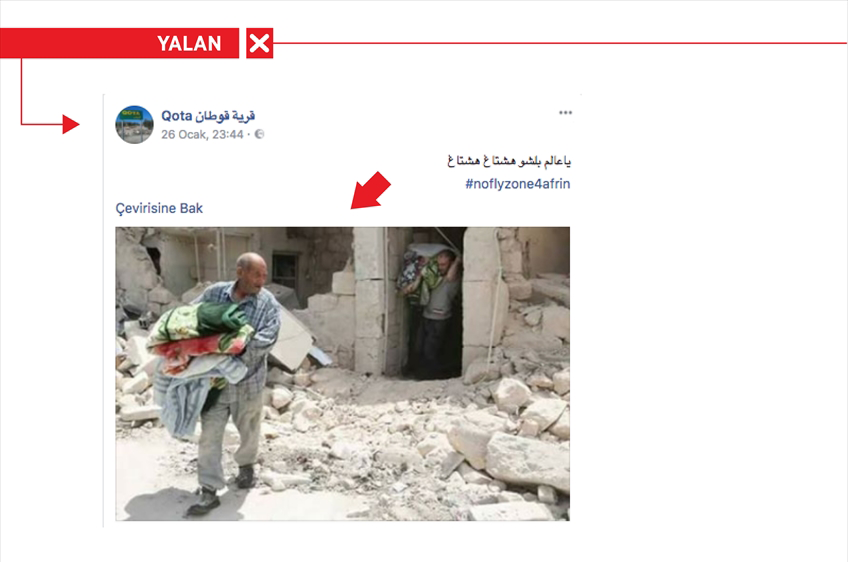 <p>Sosyal medyada, "Afrin'de sivillerin hedef alındığı" imasıyla paylaşılan fotoğrafın, 8 Temmuz 2015 tarihli, "250 Suriyeli Hristiyan Halep'ten Belçika'ya nasıl kaçırıldı" başlıklı habere ait olduğu ortaya çıktı.</p>