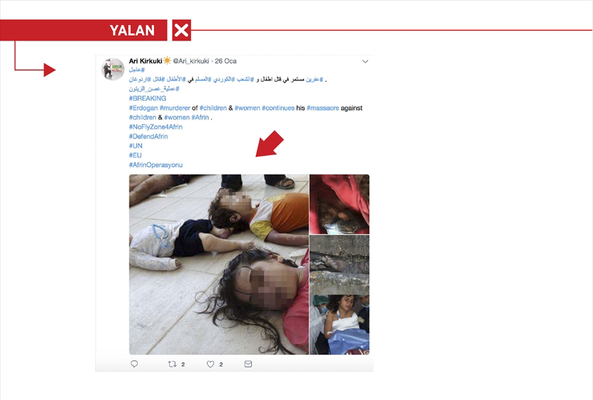 <p>Twitter'dan "TSK'nın Afrin'de sivilleri ve çocukları hedef aldığı" iddiasıyla paylaşılan cansız çocuk bedenlerine ilişkin bir görselin, 21 Ağustos 2013'te, Esed rejiminin Doğu Guta'da yaptığı saldırı sonrasında çekildiği tespit edildi.</p>
<p> </p>