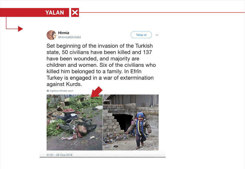 <p> Twitter'dan "TSK'nın Afrin'de sivilleri ve çocukları hedef aldığı" iddiasıyla paylaşılan fotoğrafın, Suriye İnsan Hakları Ağı'nın (SNHR), Esed güçlerinin Doğu Guta'da bir pazar alanına yaptığı saldırıya ilişkin 27 Kasım 2017 tarihli raporuna ait olduğu belirlendi.</p>