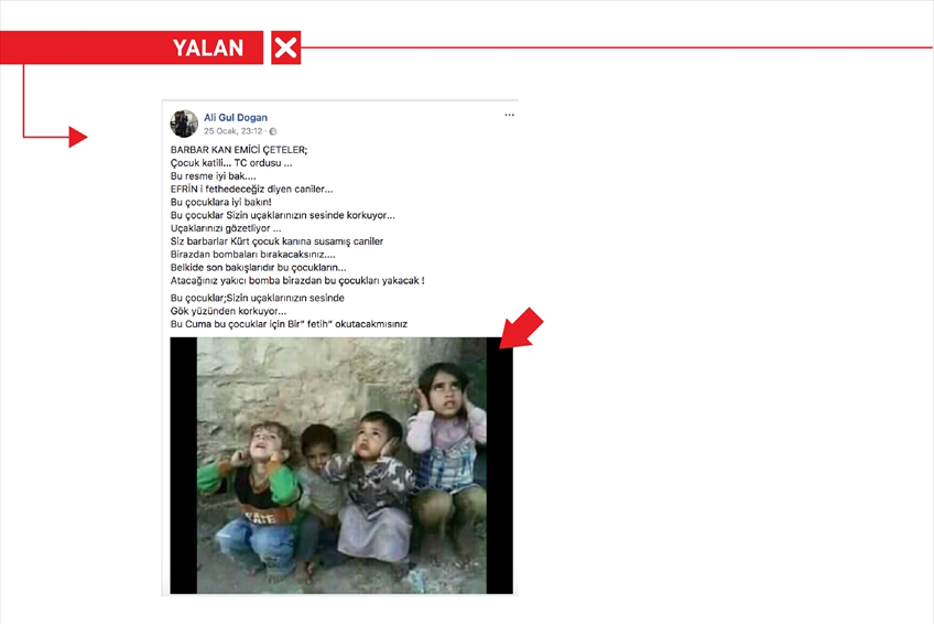 <p>Örgüt destekçilerinin, sosyal medyada, "Türkiye'nin Afrin'de çocukları hedef aldığı" iddiasıyla paylaştığı fotoğrafın 18 Mayıs 2015'te çekildiği ve bomba sesinden korktukları için kulaklarını kapatan Yemenli çocuklara ait olduğu tespit edildi.</p>