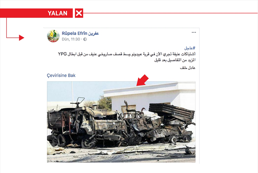 <p> "YPG'nin Afrin'de yoğun roket saldırısı düzenlediği" iddiasıyla paylaşılan fotoğrafın ise 23 Mart 2011'de Libya'da çekildiği belirlendi.</p>