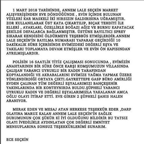 <p>Darp alan Lale Seçkin'in şuanki durumunun iyi olduğu öğrenildi. Gayrettepe Polis Karakolu sıkı bir çalışma sonucunda tatsız olayı kısa sürede sonuçlandırdı.</p>
