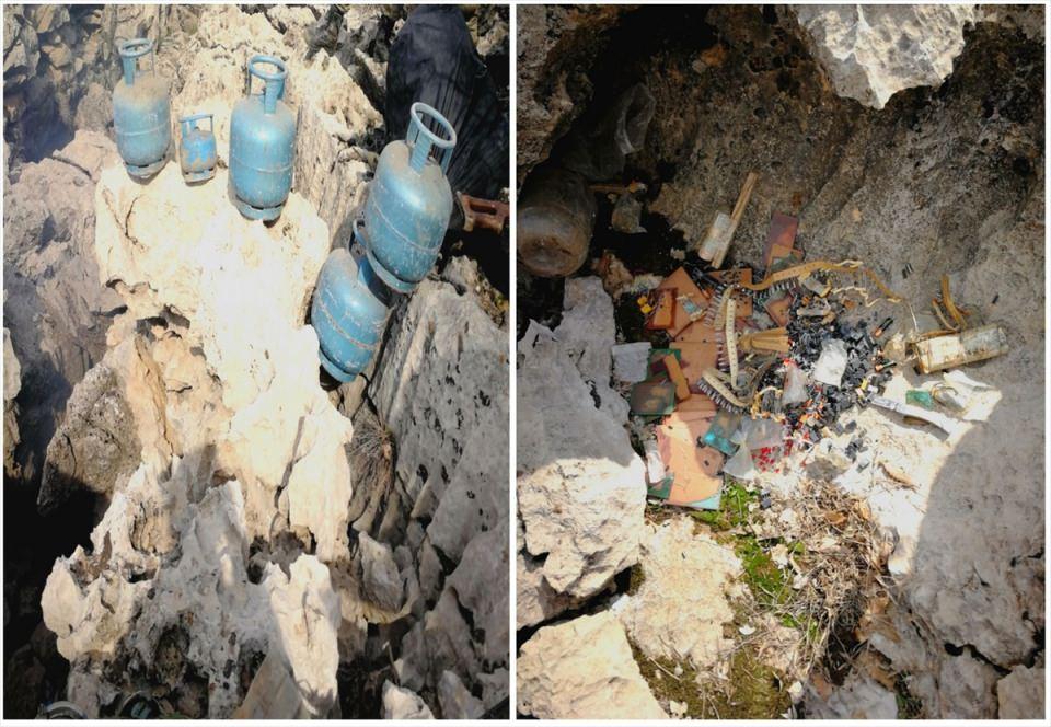 <p>"Sığınaklar, ağaçlık, çalılık ve kovuğu ile toprağa gömülü bidonlar içerisinde, RPG-7 roketatar, Bixi makineli piyade tüfeği, M-16 piyade tüfeği, 10 AK-47 kalaşnikof piyade tüfeği, 3 G-3 piyade tüfeği, HK-33 piyade tüfeği, mavzer tüfeği, 4 tabanca, 8 el bombası, 3 RPG-7 anti-tank mühimmatı, 2 RPG-7 anti-personel mühimmatı, </p>