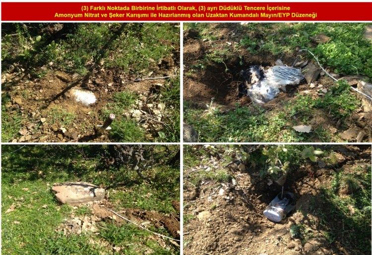 <p>Sığınak ve arazide gömülü bidonlarda M-16 piyade tüfeği, 3 kalaşnikof , 356 fişek, tabanca, 2 el bombası ile çok sayıda örgütsel doküman ele geçirildi. </p>