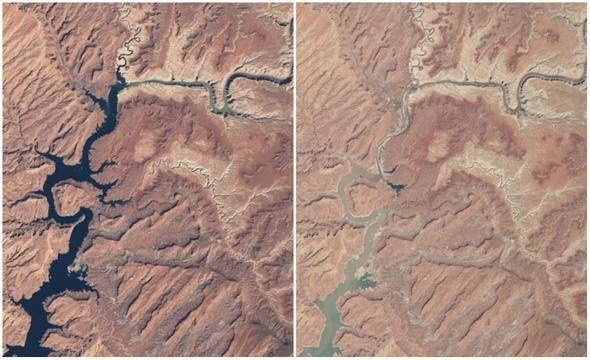 <p>ABD'nin Arizona ve Utah eyaletlerinde bulunan Powell Gölü'nün 1999 yılının mart ayında NASA tarafından yakalanmış görüntüsü ile 2014 yılının mayıs ayında çekilen bir görüntüsü.</p>

<p> </p>
