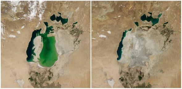 <p>Orta Asya'ya uzanalım şimdi de... Aral Gölü'nün yok olması için 100 yıl gerekmedi; sadece 14 yılda bu hale geldi. Soldaki fotoğraf tahmin edeceğiniz gibi 14 yıl öncesini gösteriyor.</p>

<p> </p>

