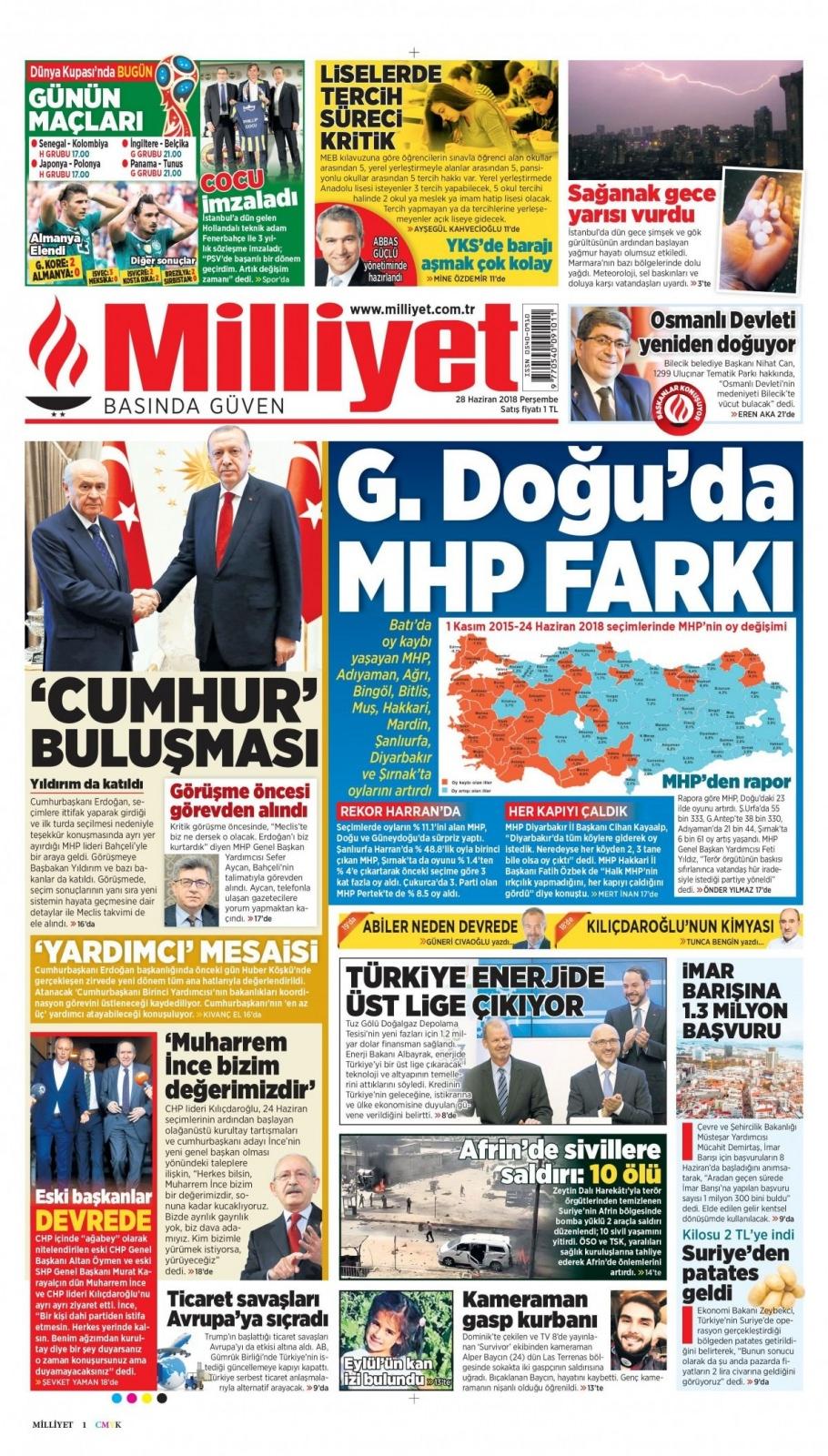 <p>MHP seçimlerin sürpriz partisi olmayı başardı. İYİ Parti’nin kurulmasıyla kadrolarının önemli bir bölümünü yitiren MHP, tüm olumsuzluklara rağmen ülke genelinde 5 milyon 564 bin 514 seçmenin tercihi ile yüzde 11.1 oy alarak herkesi şaşırttı. MHP’nin en büyük sürpriz yaptığı yerler ise Doğu ve Güneydoğu kentleri oldu.</p>

<p><strong>Çukurca’da 3. parti</strong></p>

<p>Çukurca’da yüzde 11.3 oy alan MHP bu ilçede 3. parti olarak büyük bir şaşkınlık yarattı. Şanlıurfa’nın Harran İlçesi’nde yüzde 48.8’lik oy oranıyla birinci çıkan MHP, Tunceli’nin Pertek İlçesi’nde ise yüzde 8.5 oy almayı başardı. MHP, Şırnak’ta oy oranını yüzde 1.4’ten yüzde 4 çıkardı.</p>
