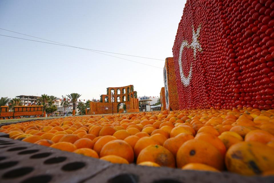 <p>Uluslararası Finike Portakal Festivali kapsamında 50 ton portakal kullanılarak gitar, gemi, panda, otomobil, tren, antik tiyatro, antik sütunlar, Türk bayrağı ve Atatürk resmi yapıldı. </p>