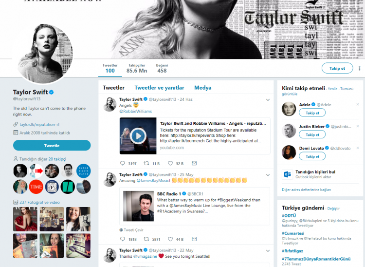 <p><strong>TAYLOR SWİFT</strong></p>

<p> </p>

<p>Amerikalı ünlü şarkıcı ve söz yazarı Taylor Swift, 85.6 milyon takipçiyle Türkiye ve dünyada en çok takip edilen ünlüler arasında. </p>
