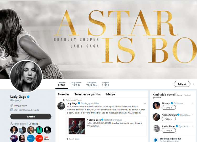 <p><strong>LADY GAGA </strong></p>

<p> </p>

<p>Sıradışı tarzıyla her zaman gündemde olmayı başaran Lady Gaga'da 76.6 milyon takipçisiyle Twitter'ın en çok takip edilen hesaplarından birine sahip. </p>
