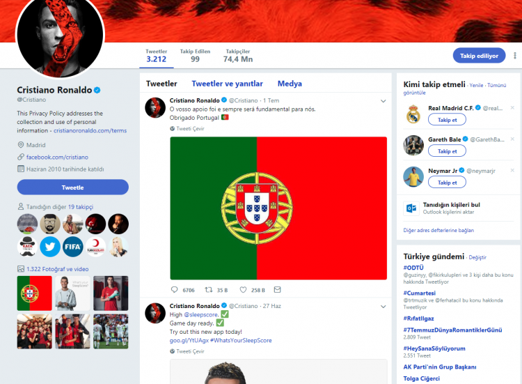 <p><strong>CRİSTİANO RONALDO </strong></p>

<p> </p>

<p>Dünyanın en sempatik futbolcularından biri olan Cristiano Ronaldo'nun takipçi sayısı 68.8 milyon. </p>
