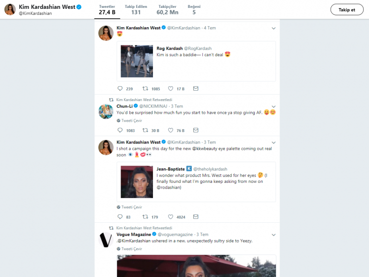 <p><strong>KİM KARDASHİAN </strong></p>

<p> </p>

<p>Özel hayatı ile dünya magazin gündeminden düşmeyen Kim Kardashian, sosyal medyada da çok popüler. Kardashian yaklaşık olarak 58.5 milyon takipçiye sahip. </p>
