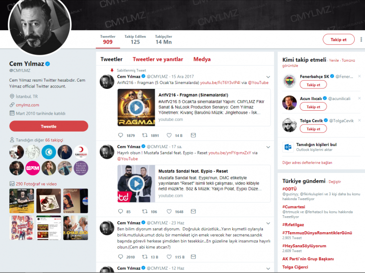 <p><strong>CEM YILMAZ </strong></p>

<p> </p>

<p>Ünlü komedyen Cem Yılmaz'da sosyal medyayı aktif kullanan ünlüler arasında. Yılmaz'ın Twitter'da 13.9 milyon takipçisi var. </p>
